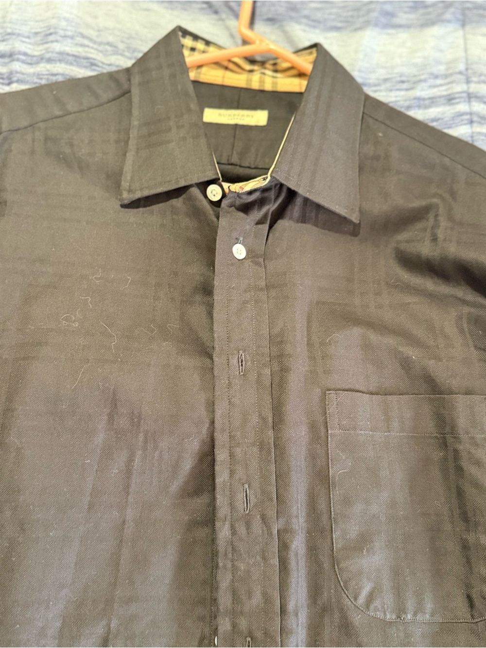 Burberry Black Button-Down Cotton Shirt with Signature Plaid Trim